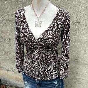 Brown and White Printed Knot-Front Top